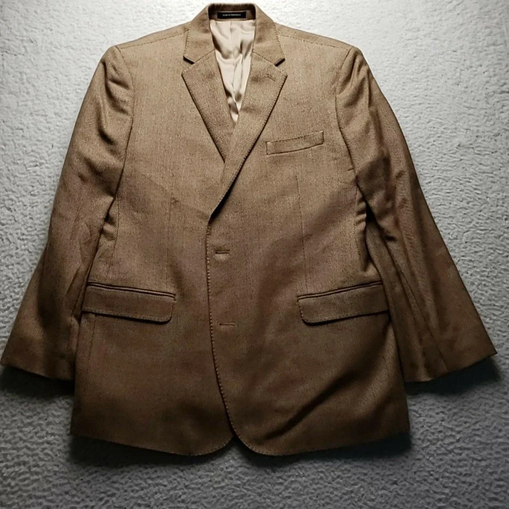 Lauren Ralph Lauren Blazer Mens 46R Brown Herringbone Silk Wool Slim Sport Coat